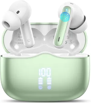 Wireless Earbud, Bluetooth 5.3 Headphones Deep Bass with 4 HD Mics, Wireless Headphones in Ear 40H Playtime, Bluetooth Earphones with Light Weight, IP7 Waterproof Ear Buds for Android IOS, Green