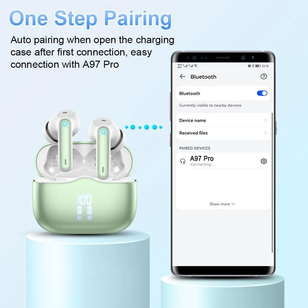 Wireless Earbud, Bluetooth 5.3 Headphones Deep Bass with 4 HD Mics, Wireless Headphones in Ear 40H Playtime, Bluetooth Earphones with Light Weight, IP7 Waterproof Ear Buds for Android IOS, Green