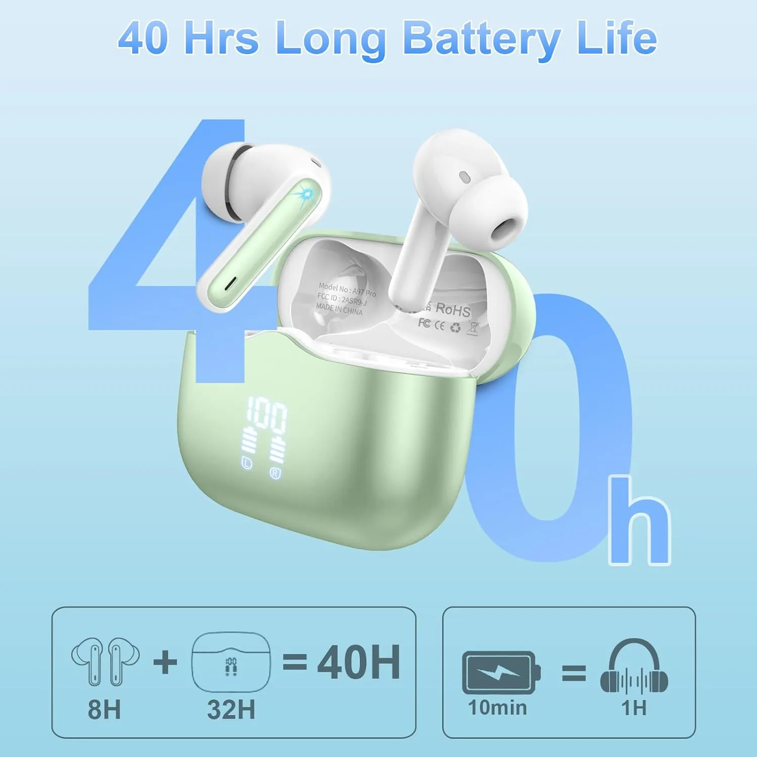 Wireless Earbud, Bluetooth 5.3 Headphones Deep Bass with 4 HD Mics, Wireless Headphones in Ear 40H Playtime, Bluetooth Earphones with Light Weight, IP7 Waterproof Ear Buds for Android IOS, Green
