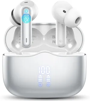 Wireless Earbuds, Bluetooth 5.3 Headphones in Ear with 4 ENC Noise Cancelling Mic, HiFi Stereo Deep Bass Wireless Earphones 40Hrs, in-Ear Earbud Bluetooth Dual LED Display IP7 Waterproof, Silver