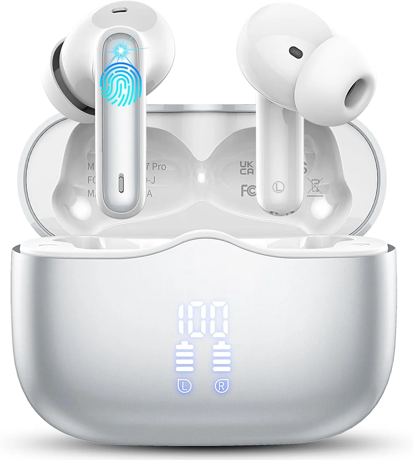 Wireless Earbuds, Bluetooth 5.3 Headphones in Ear with 4 ENC Noise Cancelling Mic, HiFi Stereo Deep Bass Wireless Earphones 40Hrs, in-Ear Earbud Bluetooth Dual LED Display IP7 Waterproof, Silver