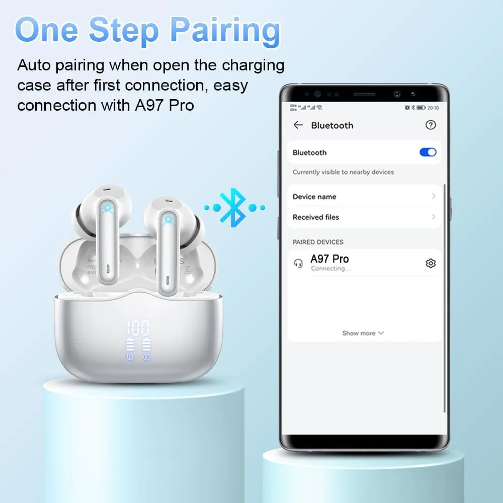 Wireless Earbuds, Bluetooth 5.3 Headphones in Ear with 4 ENC Noise Cancelling Mic, HiFi Stereo Deep Bass Wireless Earphones 40Hrs, in-Ear Earbud Bluetooth Dual LED Display IP7 Waterproof, Silver