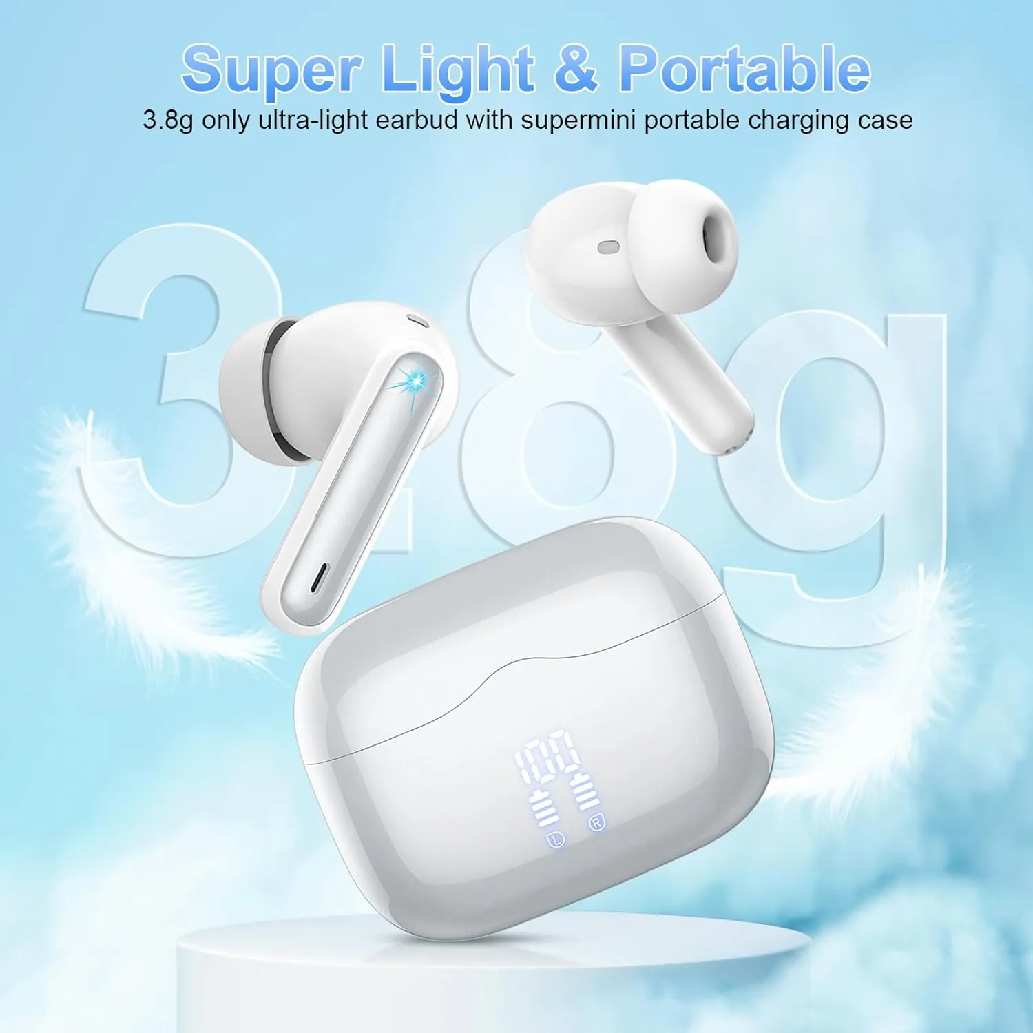 Wireless Earbuds, Bluetooth 5.3 Headphones in Ear with 4 ENC Noise Cancelling Mic, HiFi Stereo Deep Bass Wireless Earphones 40Hrs, in-Ear Earbud Bluetooth Dual LED Display IP7 Waterproof, Silver