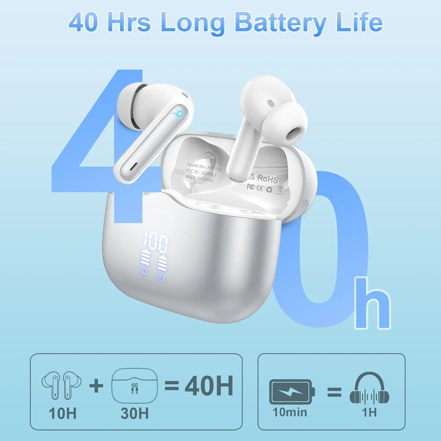 Wireless Earbuds, Bluetooth 5.3 Headphones in Ear with 4 ENC Noise Cancelling Mic, HiFi Stereo Deep Bass Wireless Earphones 40Hrs, in-Ear Earbud Bluetooth Dual LED Display IP7 Waterproof, Silver