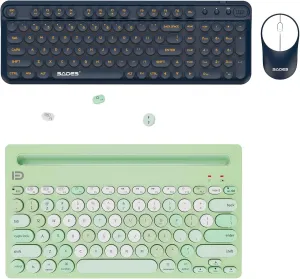 Wireless Keyboard and Mouse Combo & Bluetooth Keyboard(3.0 5.0), Typewriter Retro Round Keycaps Keyboard(Blue and Green)