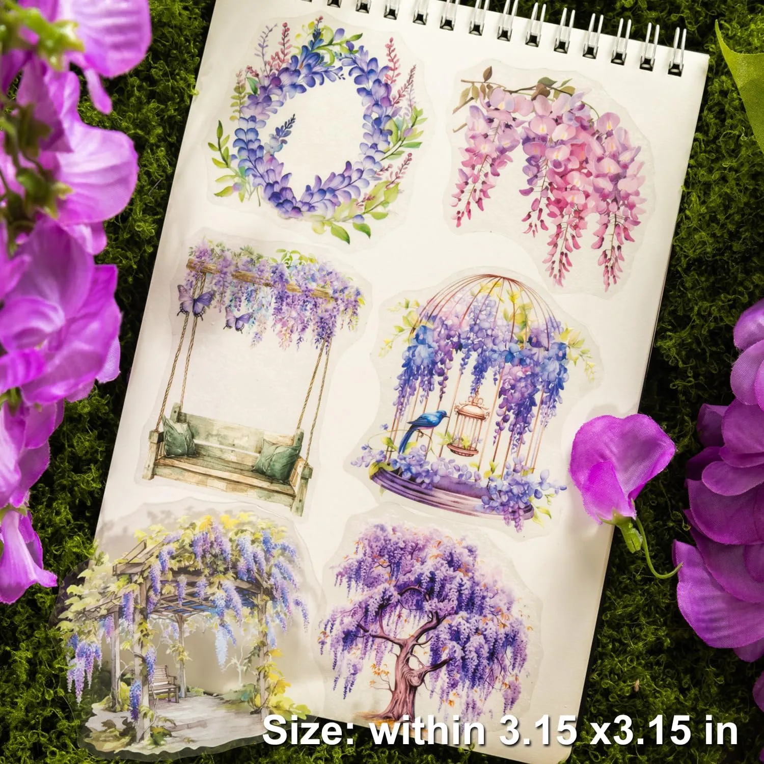 Wisteria Floral PET Sticker Set, 60Pcs Purple Flower Stickers for Scrapbooking, Journaling, Junk Journal Supplies, and DIY Crafts