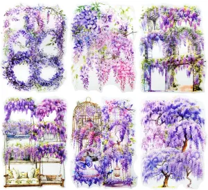 Wisteria Floral PET Sticker Set, 60Pcs Purple Flower Stickers for Scrapbooking, Journaling, Junk Journal Supplies, and DIY Crafts