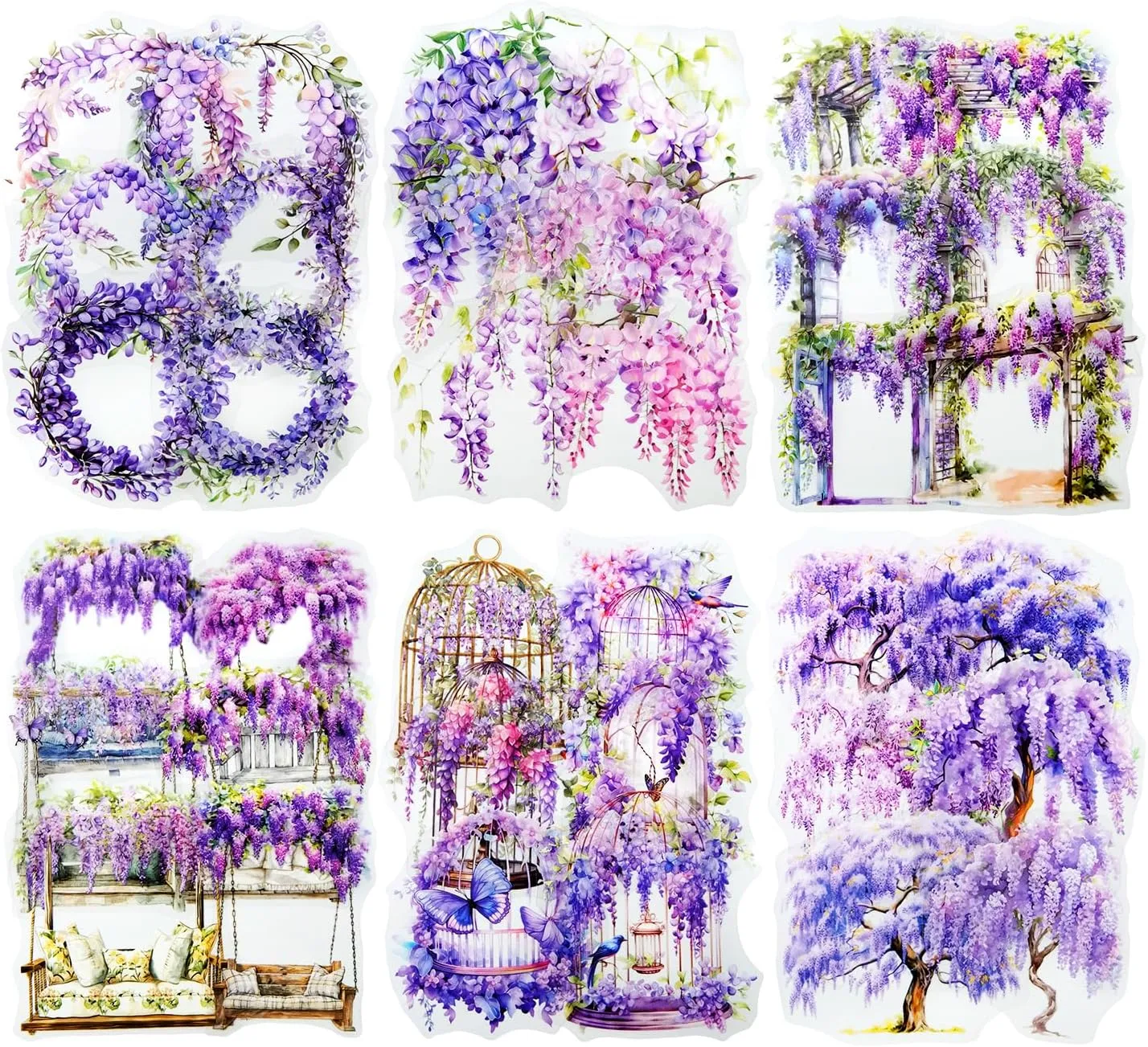 Wisteria Floral PET Sticker Set, 60Pcs Purple Flower Stickers for Scrapbooking, Journaling, Junk Journal Supplies, and DIY Crafts