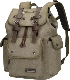 WITZMAN Canvas Backpack for Men Vintage Rucksack Fit 15.6 inch Laptop High Capacity Travel Backpack Casual Daypack (A8004 Army Green)