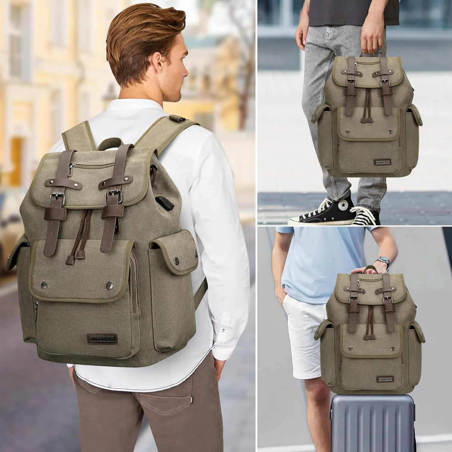 WITZMAN Canvas Backpack for Men Vintage Rucksack Fit 15.6 inch Laptop High Capacity Travel Backpack Casual Daypack (A8004 Army Green)