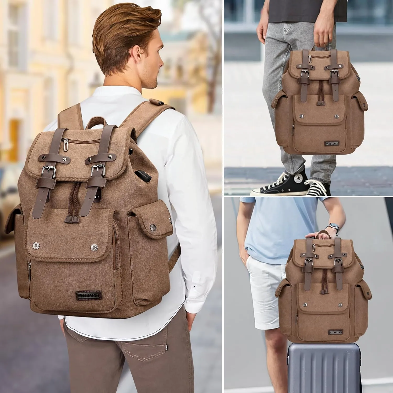 WITZMAN Canvas Backpack for Men Vintage Travel Backpack Rucksack High Capacity Casual Daypack (A8004 brown)