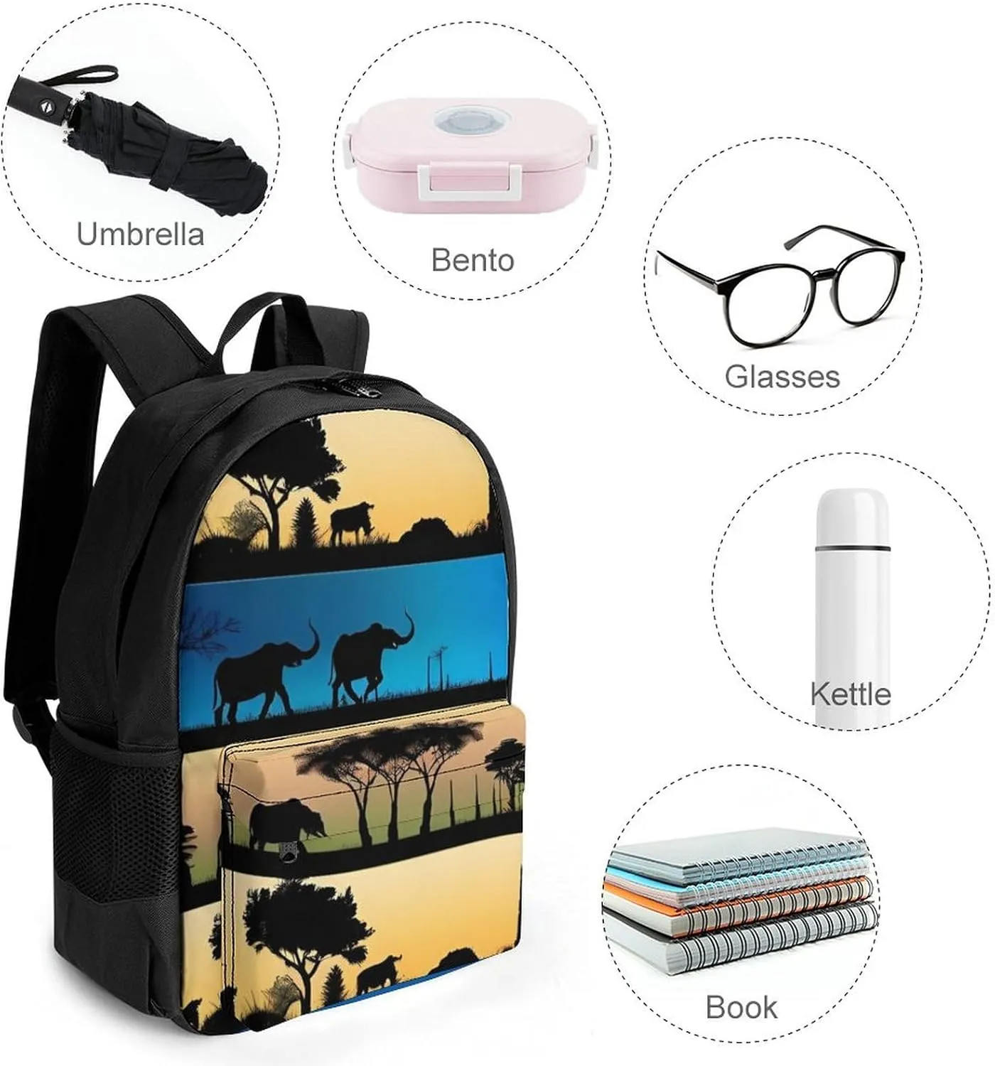 Women Men Polyester African Wild Animals Acacia Trees Art Casual Daypack Large Capacity Bookbag With Side Pockets for Sports Picnic Walking Cycling