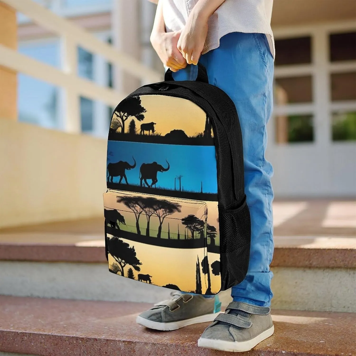 Women Men Polyester African Wild Animals Acacia Trees Art Casual Daypack Large Capacity Bookbag With Side Pockets for Sports Picnic Walking Cycling