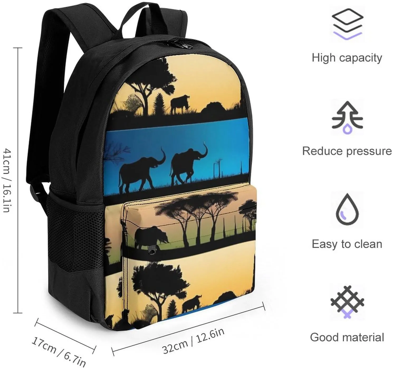 Women Men Polyester African Wild Animals Acacia Trees Art Casual Daypack Large Capacity Bookbag With Side Pockets for Sports Picnic Walking Cycling