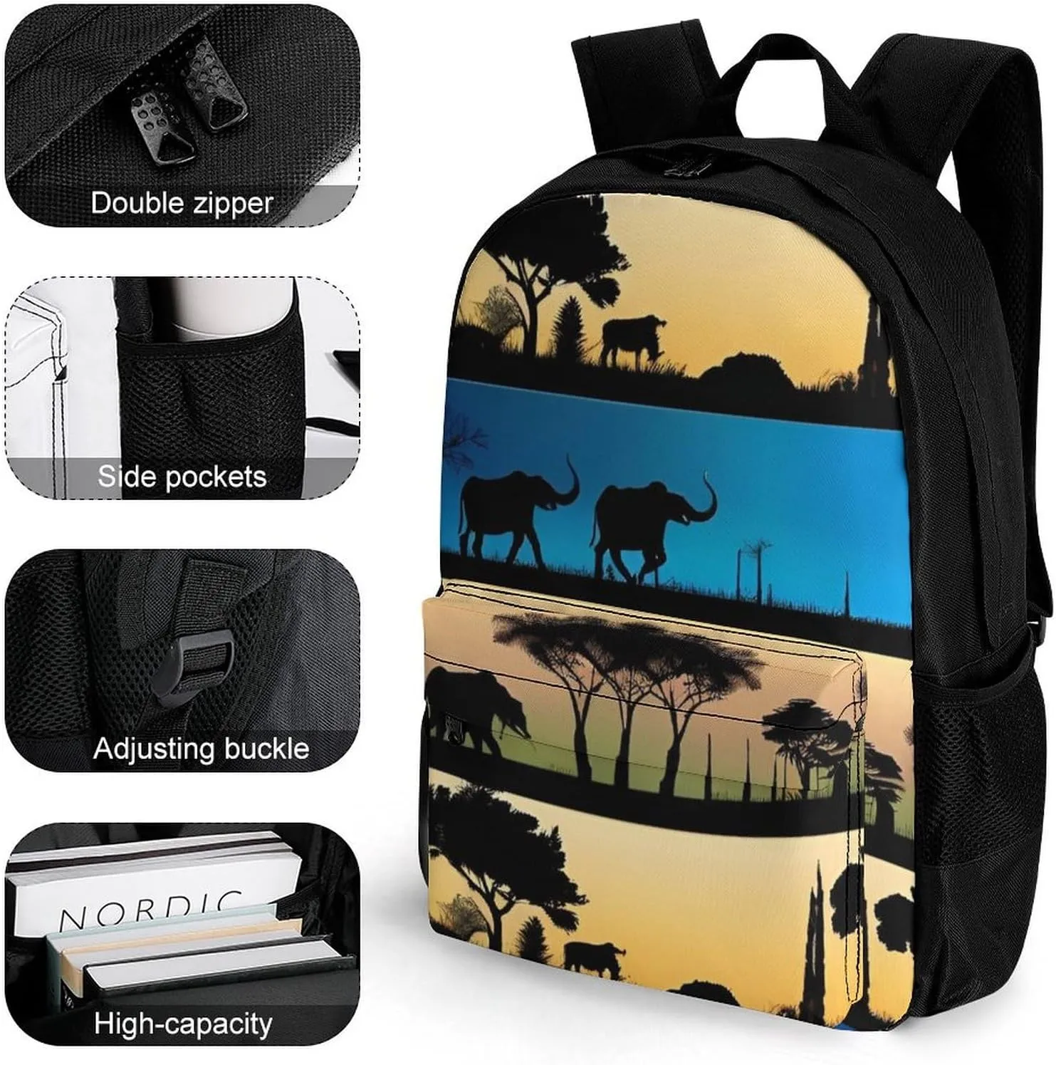 Women Men Polyester African Wild Animals Acacia Trees Art Casual Daypack Large Capacity Bookbag With Side Pockets for Sports Picnic Walking Cycling