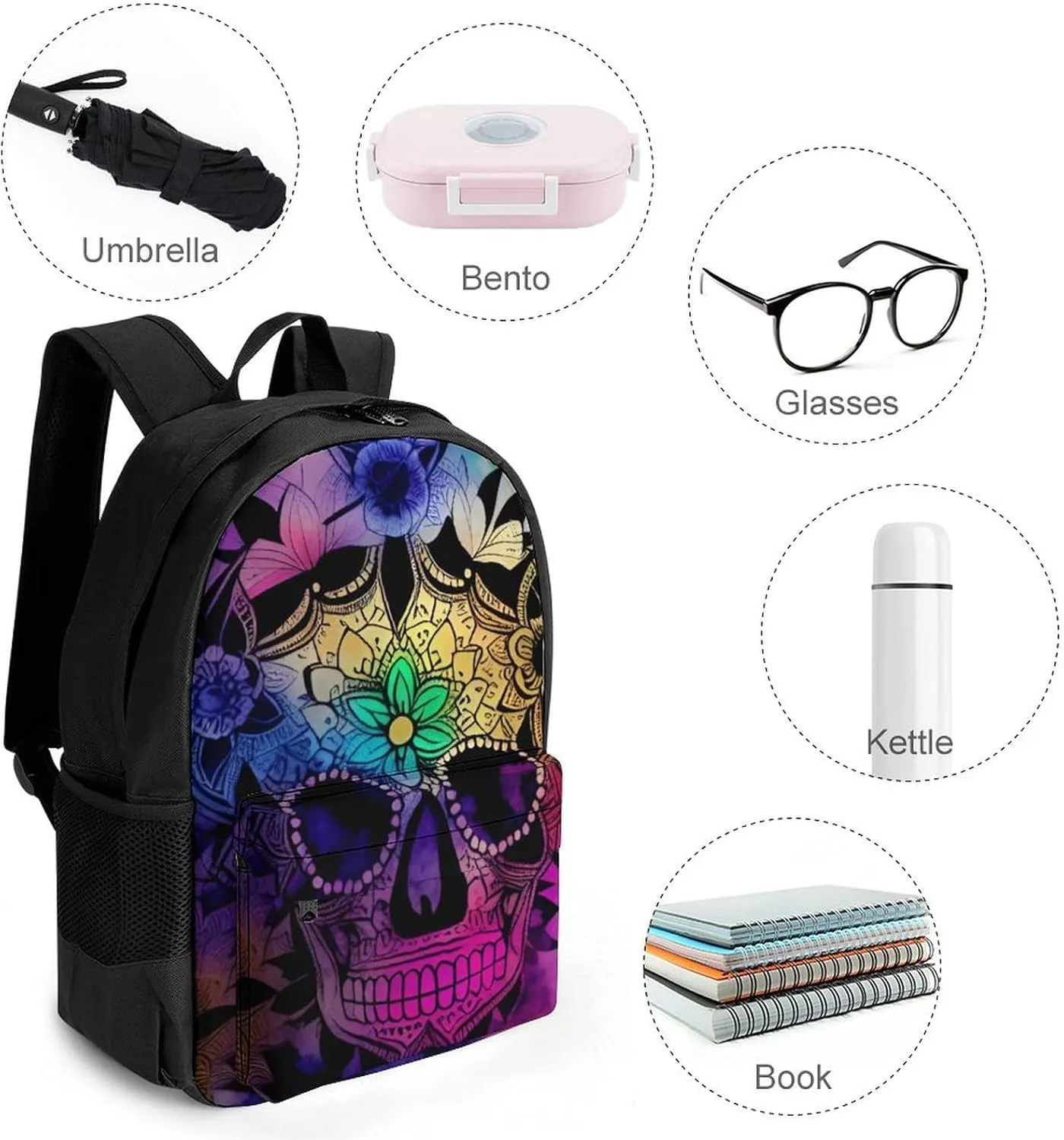 Women Men Polyester Indain Mandala Sugar Skull Art Casual Daypack Large Capacity Bookbag With Side Pockets for Sports Picnic Walking Cycling