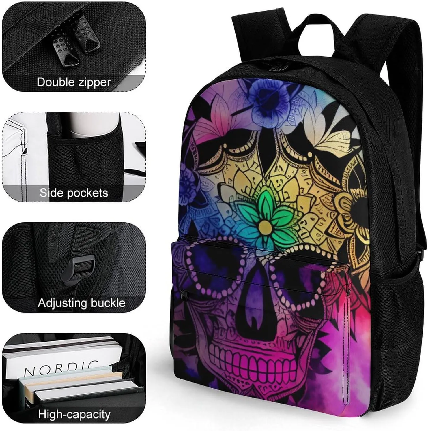 Women Men Polyester Indain Mandala Sugar Skull Art Casual Daypack Large Capacity Bookbag With Side Pockets for Sports Picnic Walking Cycling