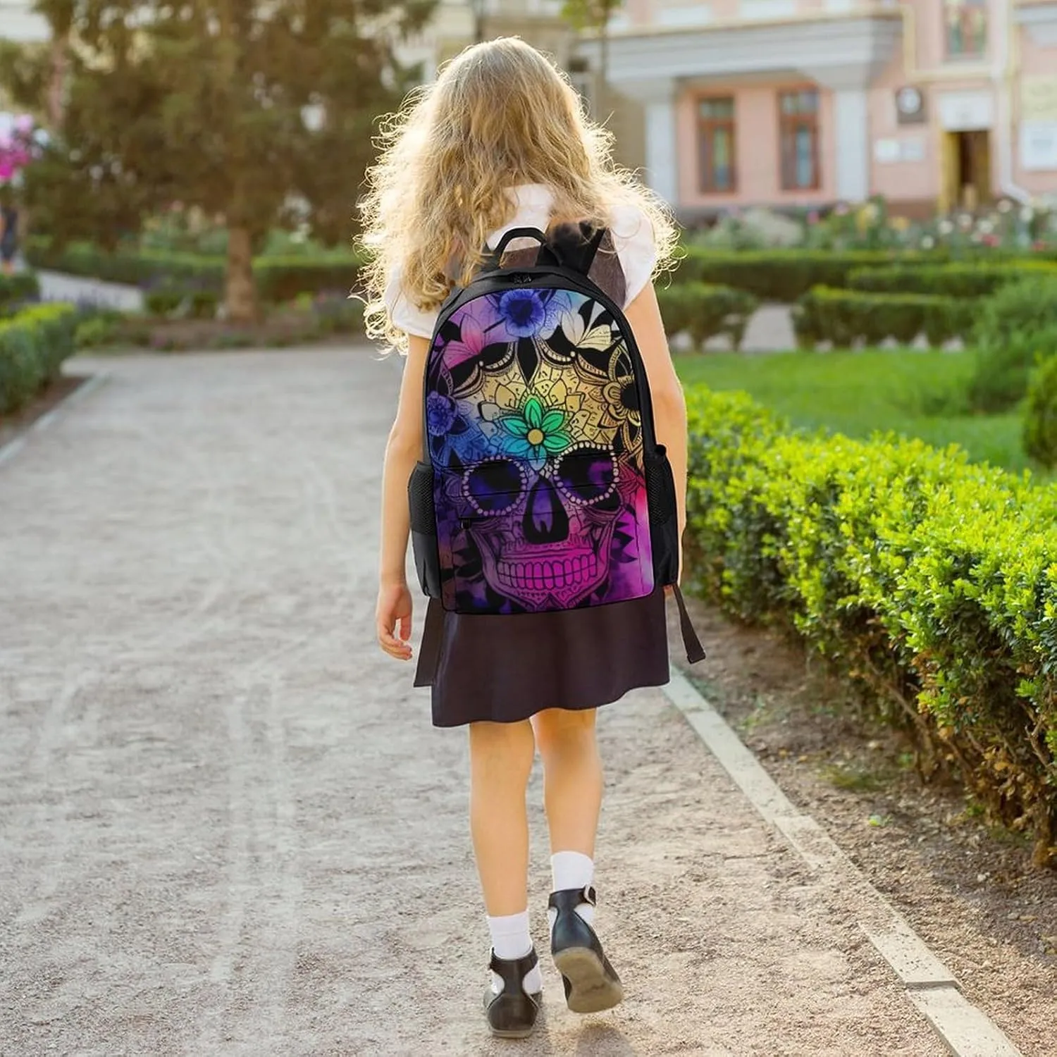 Women Men Polyester Indain Mandala Sugar Skull Art Casual Daypack Large Capacity Bookbag With Side Pockets for Sports Picnic Walking Cycling