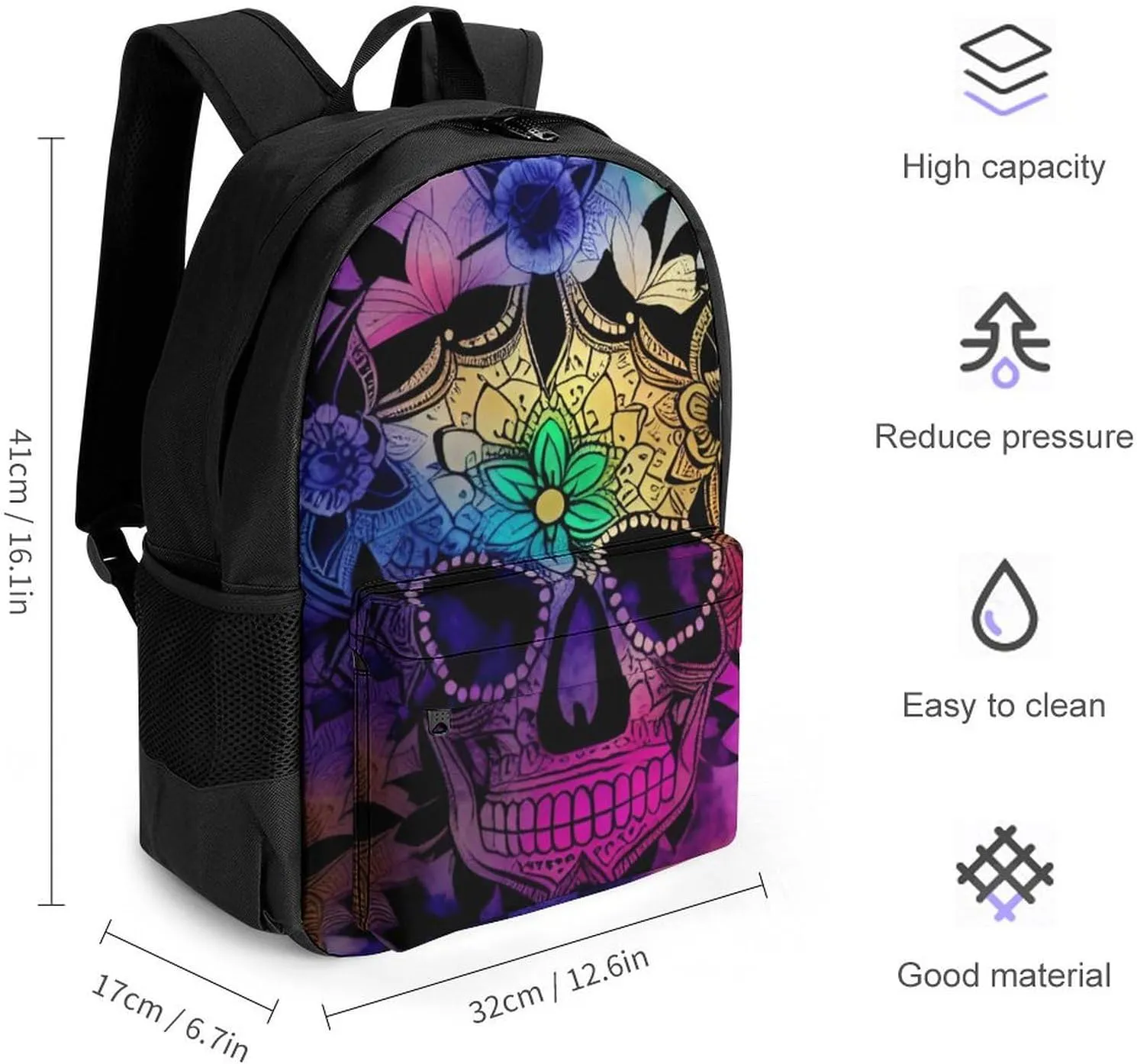 Women Men Polyester Indain Mandala Sugar Skull Art Casual Daypack Large Capacity Bookbag With Side Pockets for Sports Picnic Walking Cycling