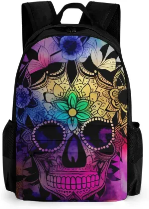 Women Men Polyester Indain Mandala Sugar Skull Art Casual Daypack Large Capacity Bookbag With Side Pockets for Sports Picnic Walking Cycling