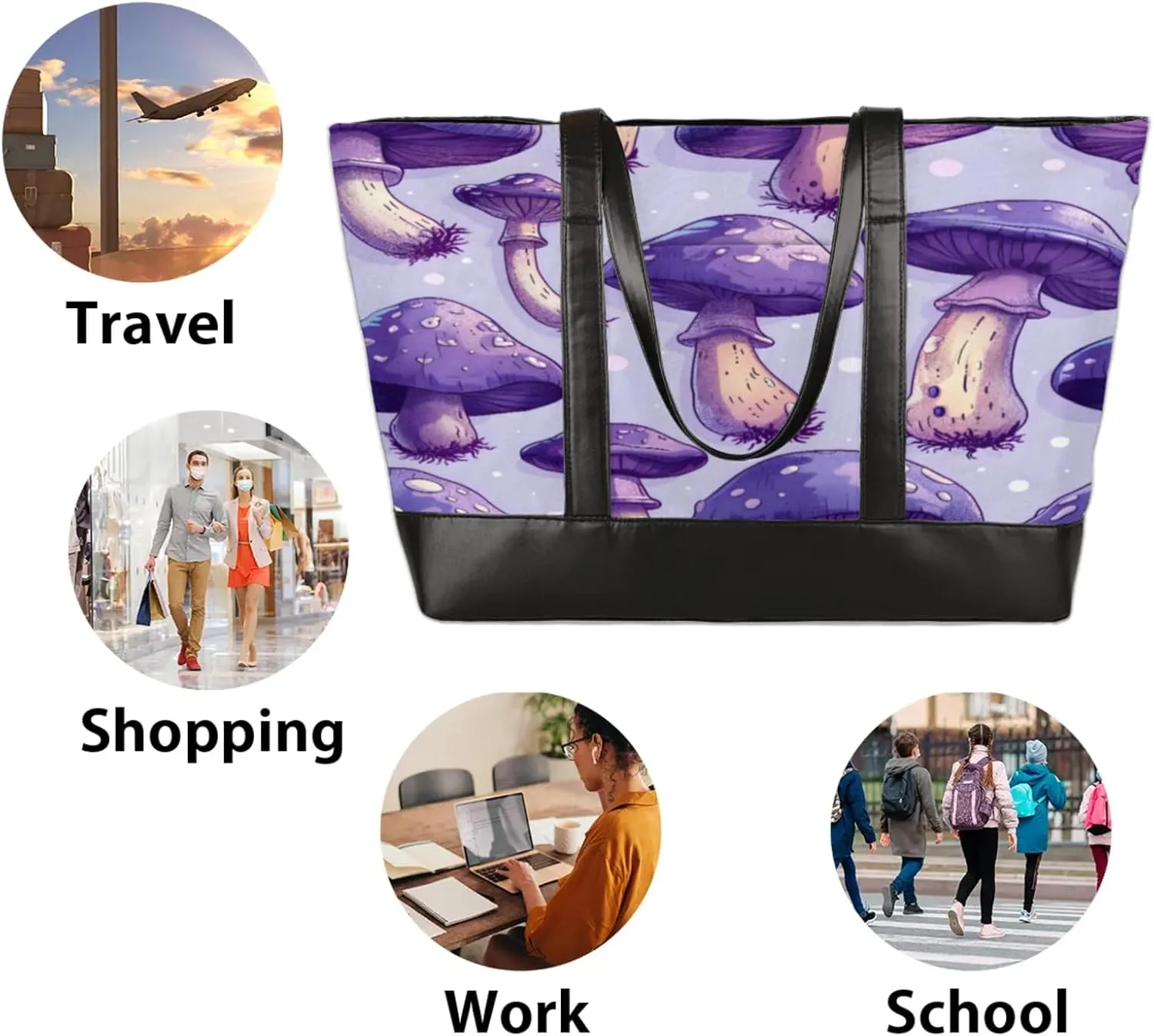 Women Tote Bag with Zipper, Shopper Handbag Travel Purse, PU Leather Laptop Tote Bags, Weekender Tote Bags