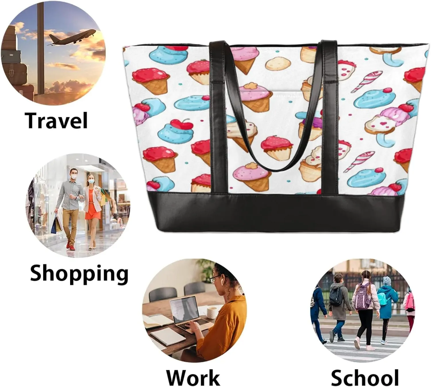 Women Tote Bag with Zipper, Shopper Handbag Travel Purse, PU Leather Laptop Tote Bags, Weekender Tote Bags