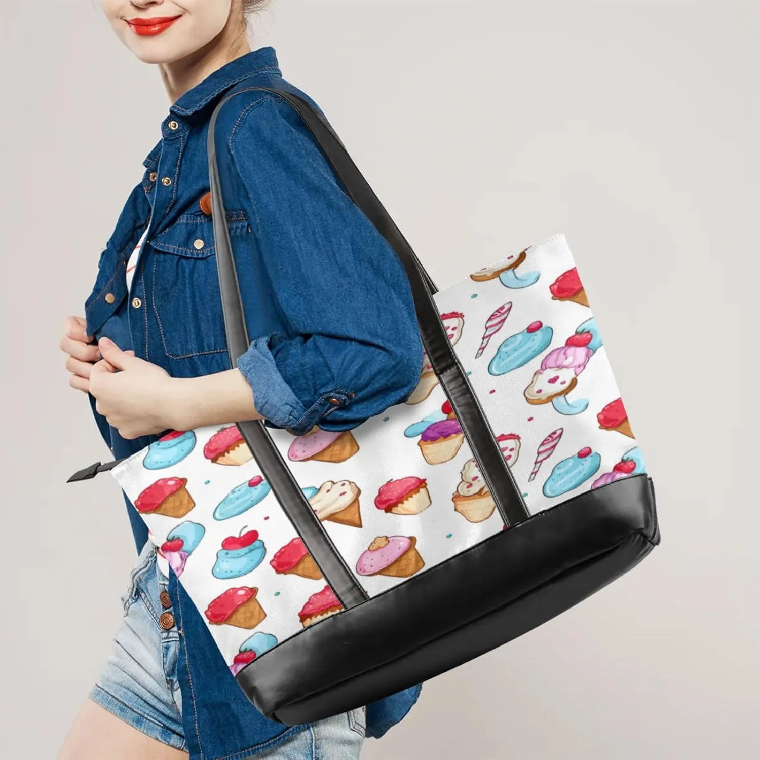 Women Tote Bag with Zipper, Shopper Handbag Travel Purse, PU Leather Laptop Tote Bags, Weekender Tote Bags