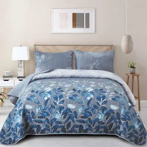 WONGS BEDDING Blue Quilt Set King Size,3 Pieces Navy Blue Floral Bedspread Coverlet Set with 2 Pillowcases,Soft Microfiber Lightweight Floral Bedding Set 104"×90"