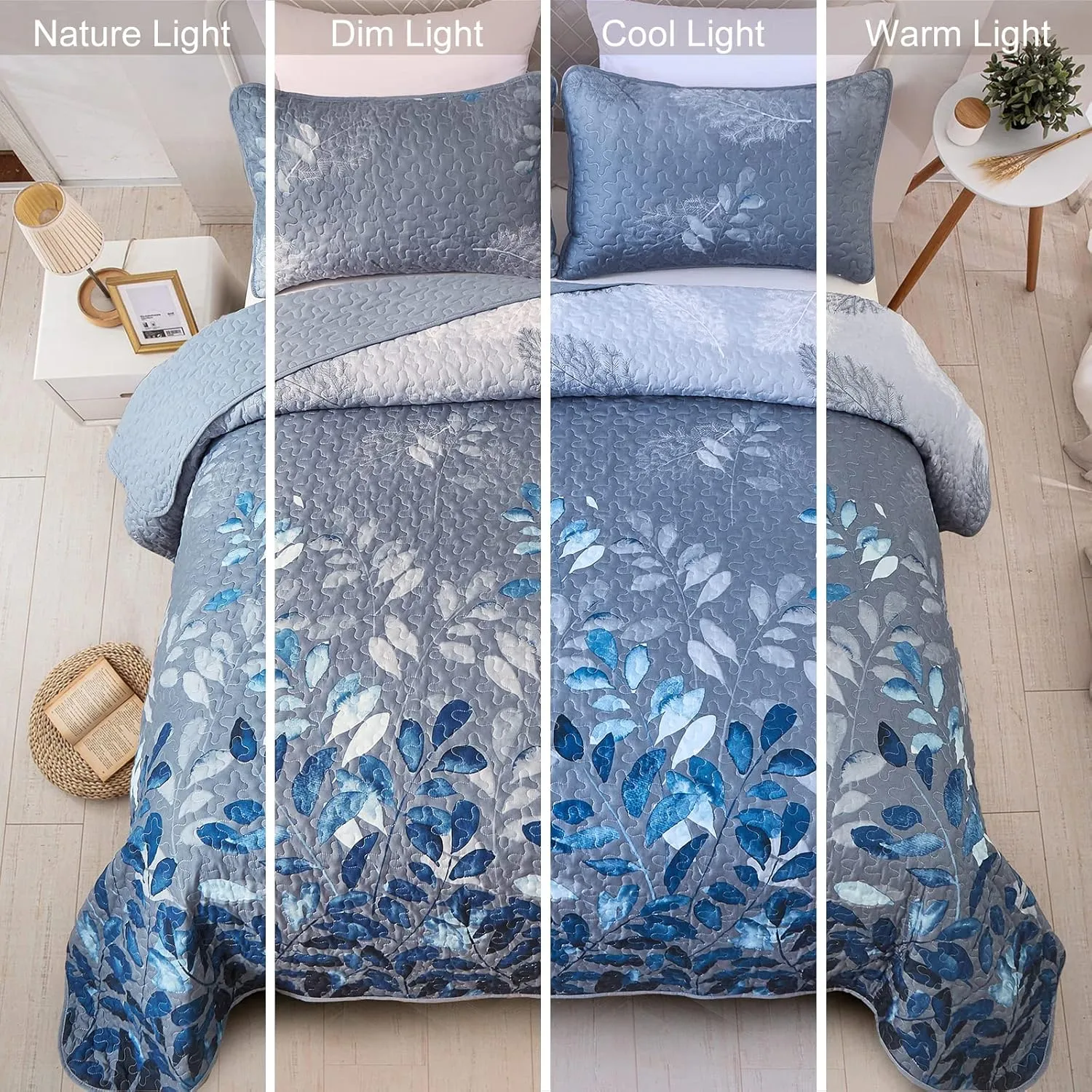 WONGS BEDDING Blue Quilt Set King Size,3 Pieces Navy Blue Floral Bedspread Coverlet Set with 2 Pillowcases,Soft Microfiber Lightweight Floral Bedding Set 104"×90"