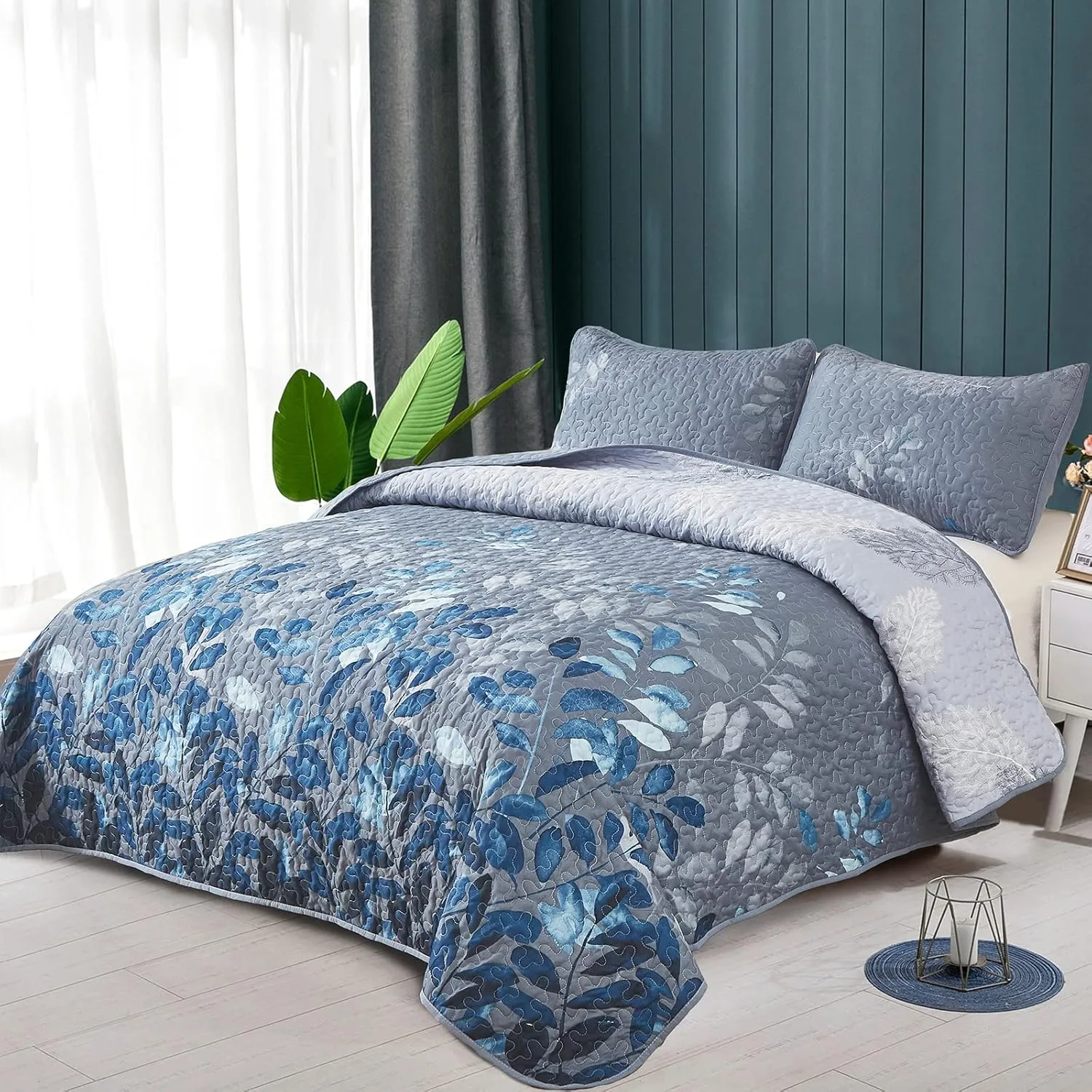 WONGS BEDDING Blue Quilt Set King Size,3 Pieces Navy Blue Floral Bedspread Coverlet Set with 2 Pillowcases,Soft Microfiber Lightweight Floral Bedding Set 104"×90"