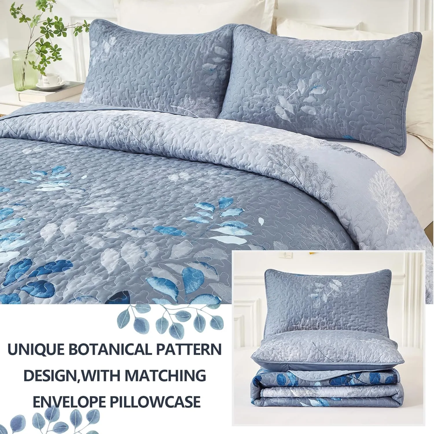 WONGS BEDDING Blue Quilt Set King Size,3 Pieces Navy Blue Floral Bedspread Coverlet Set with 2 Pillowcases,Soft Microfiber Lightweight Floral Bedding Set 104"×90"