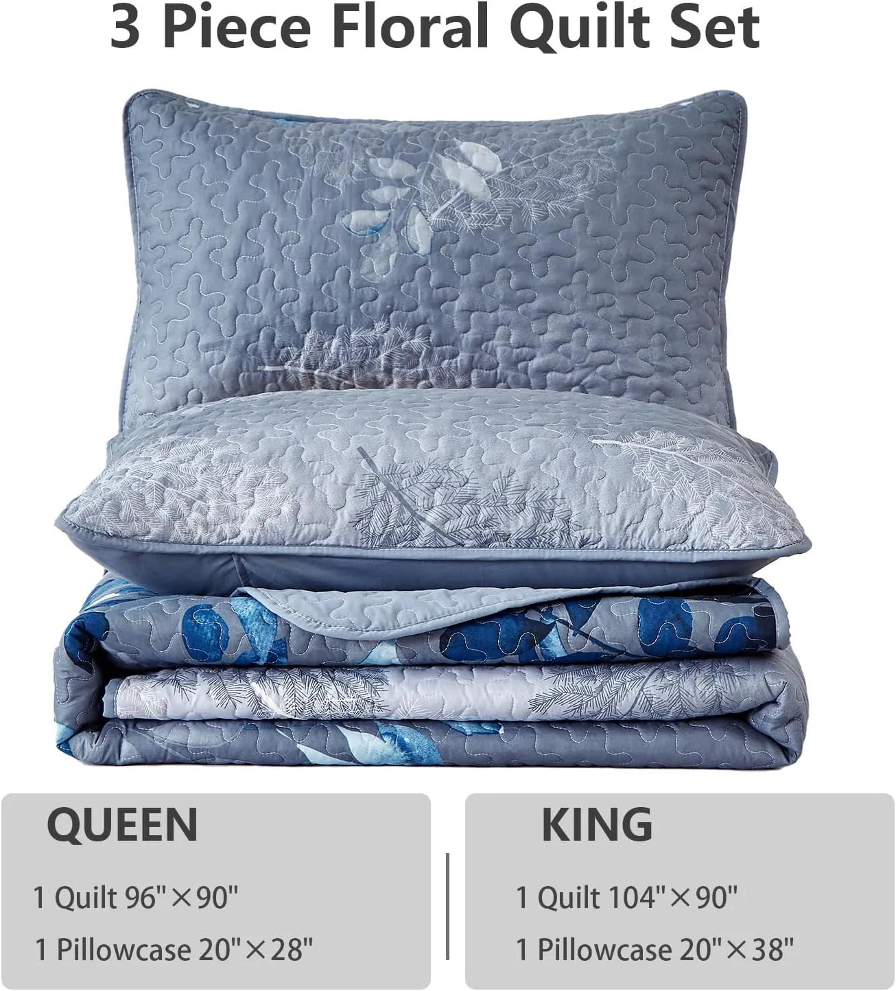 WONGS BEDDING Blue Quilt Set King Size,3 Pieces Navy Blue Floral Bedspread Coverlet Set with 2 Pillowcases,Soft Microfiber Lightweight Floral Bedding Set 104"×90"