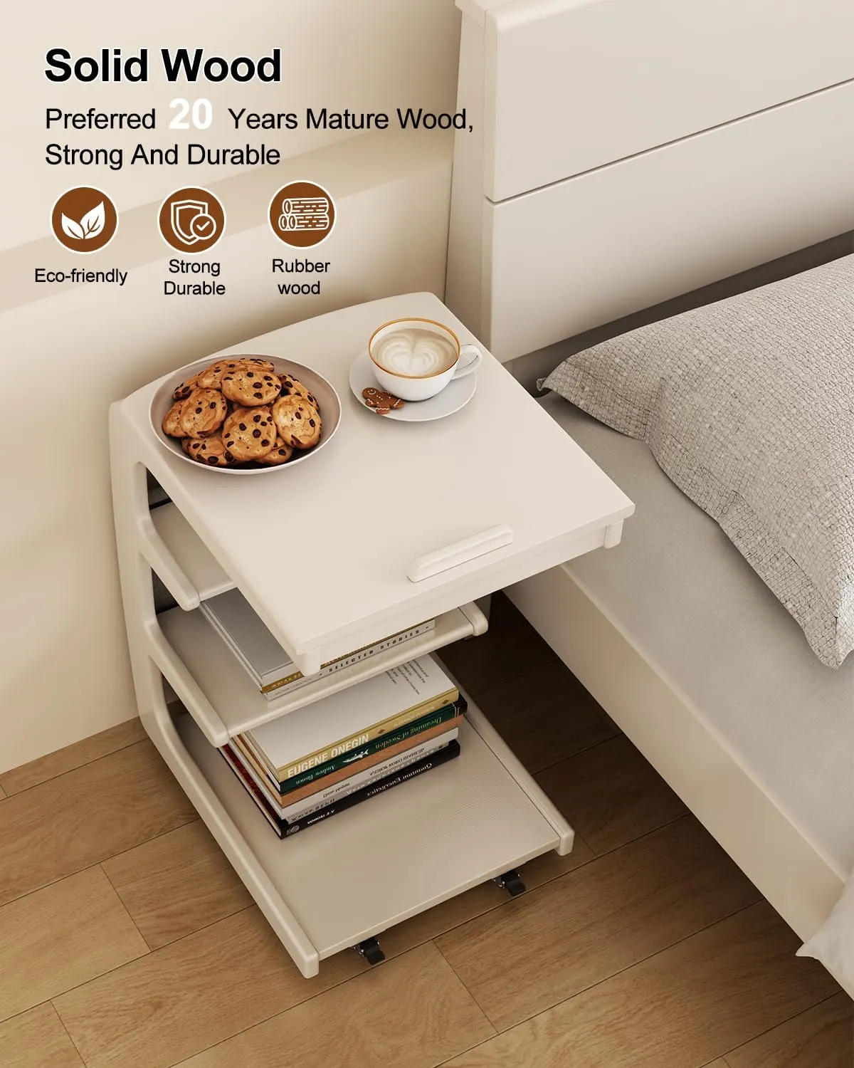 Wooden C-Shaped End Table,Couch Desk with 2 Lockable Wheels,4-Tier Couch Table with Storage Bag,Small Rolling Side Table Tv Trays for Couch, Living Room,Bedroom (White)
