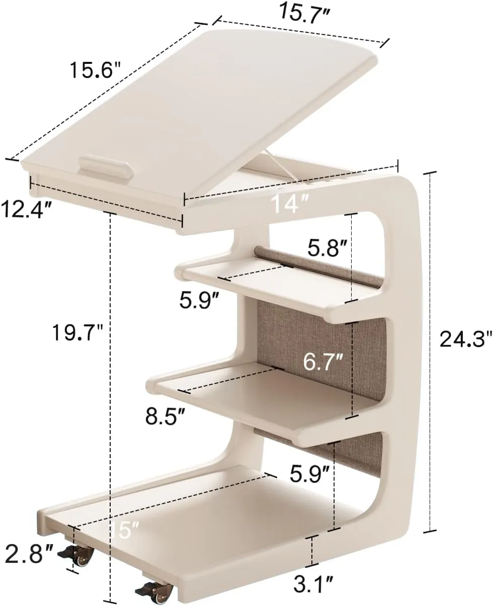 Wooden C-Shaped End Table,Couch Desk with 2 Lockable Wheels,4-Tier Couch Table with Storage Bag,Small Rolling Side Table Tv Trays for Couch, Living Room,Bedroom (White)