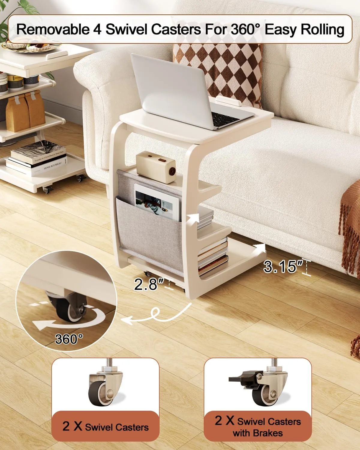 Wooden C-Shaped End Table,Couch Desk with 2 Lockable Wheels,4-Tier Couch Table with Storage Bag,Small Rolling Side Table Tv Trays for Couch, Living Room,Bedroom (White)