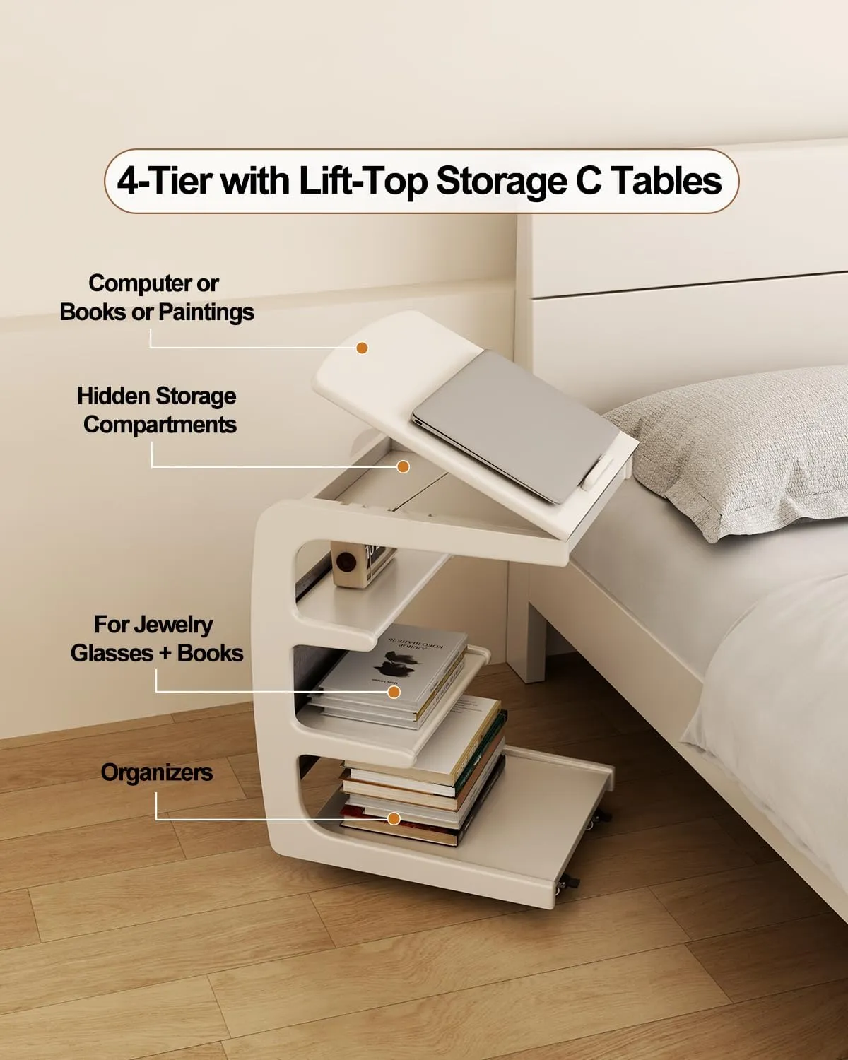 Wooden C-Shaped End Table,Couch Desk with 2 Lockable Wheels,4-Tier Couch Table with Storage Bag,Small Rolling Side Table Tv Trays for Couch, Living Room,Bedroom (White)