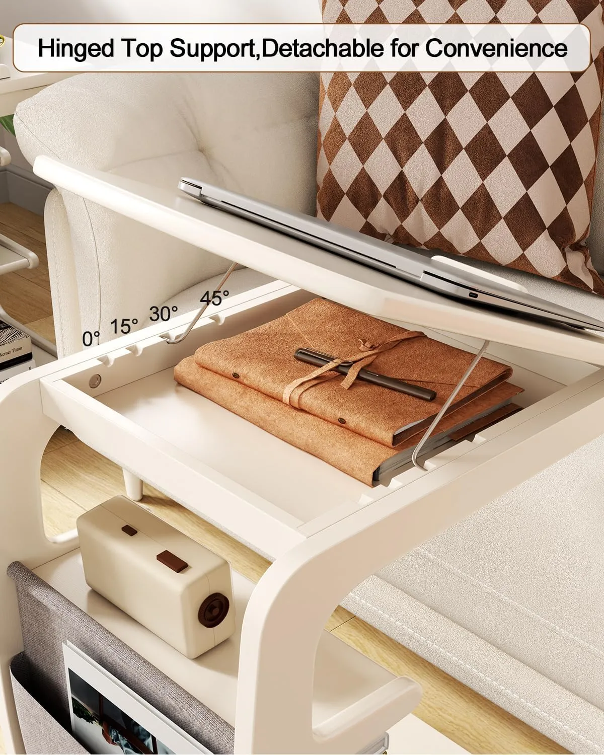 Wooden C-Shaped End Table,Couch Desk with 2 Lockable Wheels,4-Tier Couch Table with Storage Bag,Small Rolling Side Table Tv Trays for Couch, Living Room,Bedroom (White)