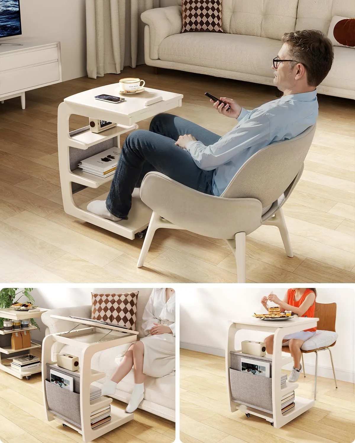 Wooden C-Shaped End Table,Couch Desk with 2 Lockable Wheels,4-Tier Couch Table with Storage Bag,Small Rolling Side Table Tv Trays for Couch, Living Room,Bedroom (White)