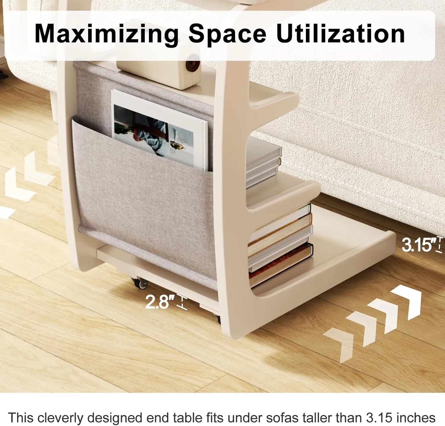 Wooden C-Shaped End Table,Couch Desk with 2 Lockable Wheels,4-Tier Couch Table with Storage Bag,Small Rolling Side Table Tv Trays for Couch, Living Room,Bedroom (White)