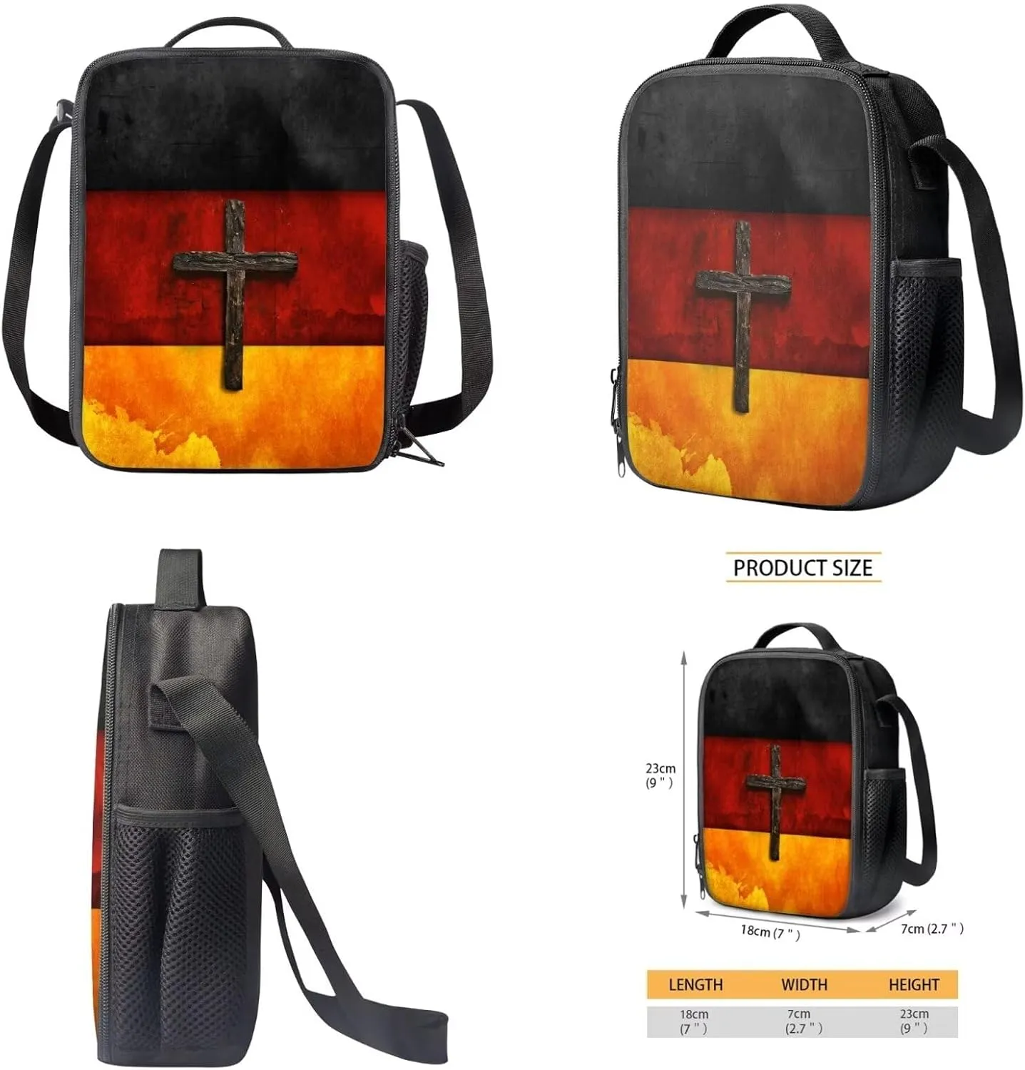 Xoenoiee German Flag Cross Print Backpack Set with 17in Backpack Lunch Bag & Pencil Case, Schoolbag Sets for Boy Girl Students for School Travel Picnic