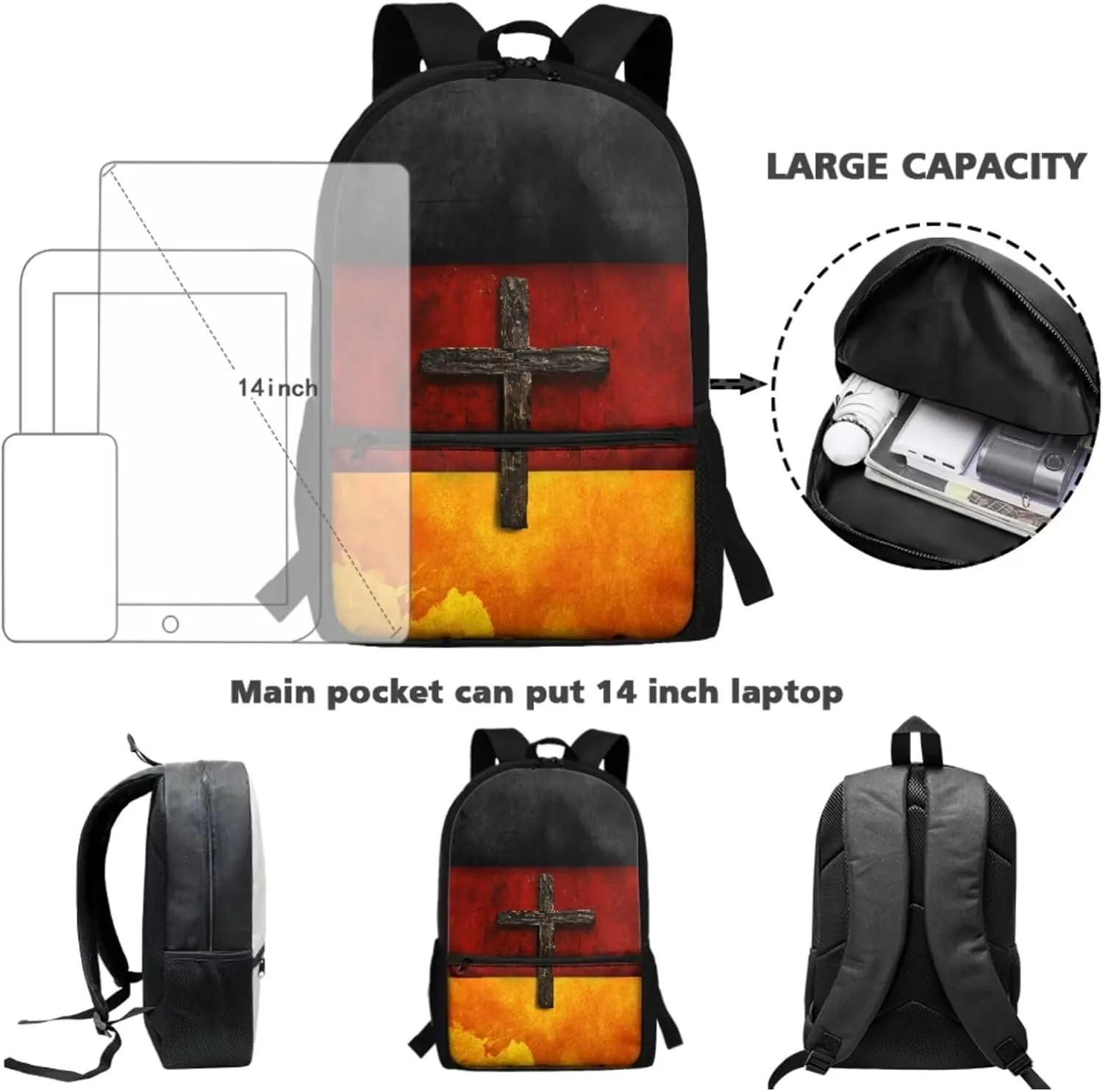 Xoenoiee German Flag Cross Print Backpack Set with 17in Backpack Lunch Bag & Pencil Case, Schoolbag Sets for Boy Girl Students for School Travel Picnic