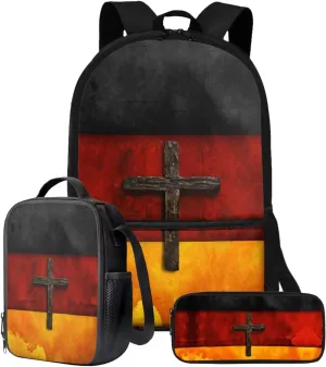 Xoenoiee German Flag Cross Print Backpack Set with 17in Backpack Lunch Bag & Pencil Case, Schoolbag Sets for Boy Girl Students for School Travel Picnic