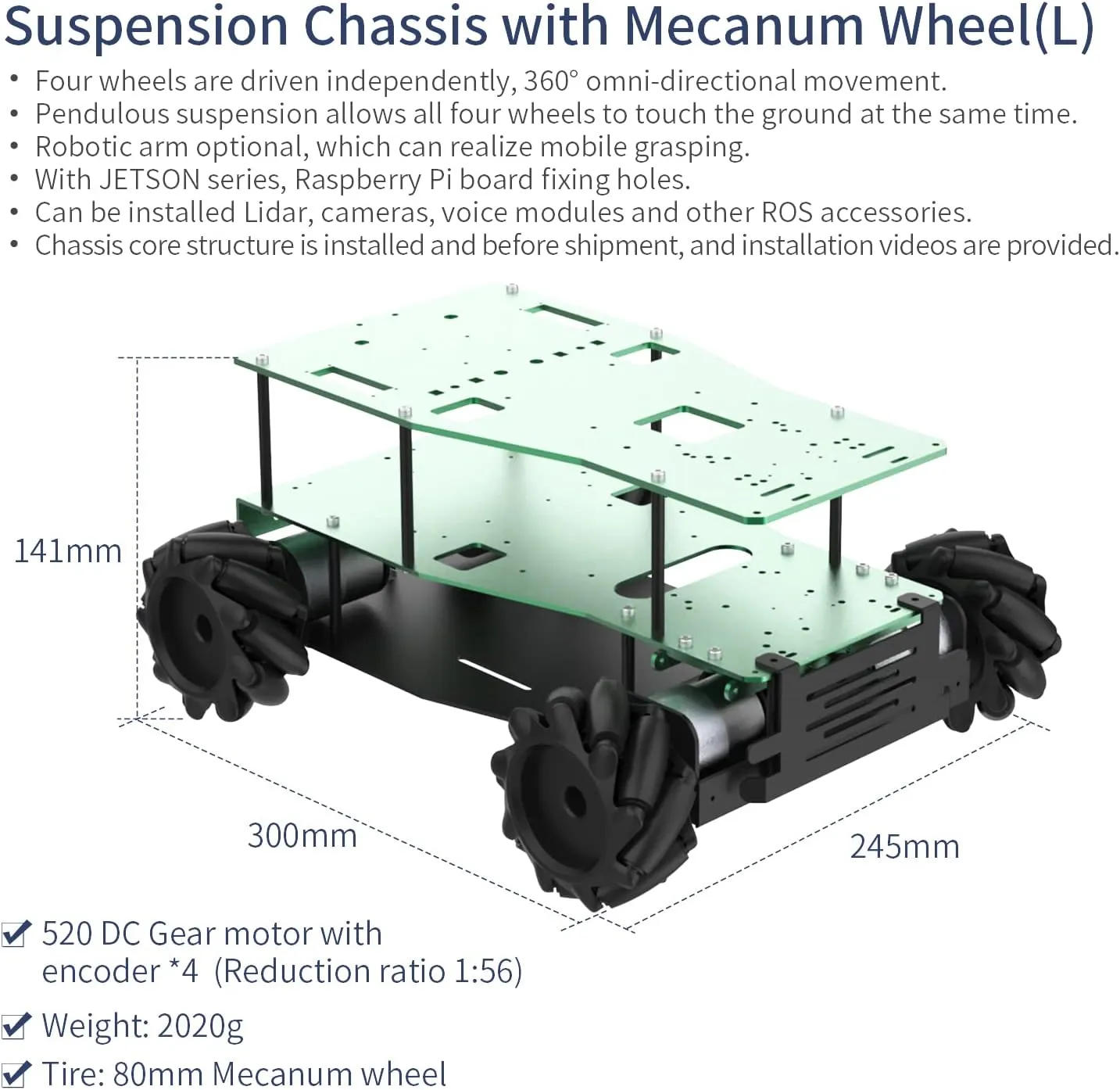 Yahboom Robot Aluminum Alloy Car Chassis with 80mm Mecanum Wheel 6DOF Robotic Arm for Raspberry Pi Arduino DIY Kit Smart Robot Car (Suspension Chassis with Mecanum Wheel(L))