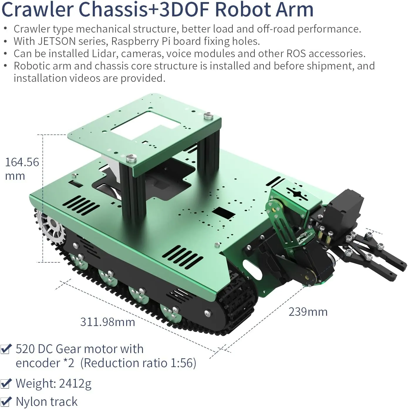 Yahboom Tracked Robotic Car Chassis RC Starter Kits Sciences Eduactional Model for UNO Raspberry Pi Smart Robot Tank Shock Absorption Car Chassis 3-DOF Robot Arm