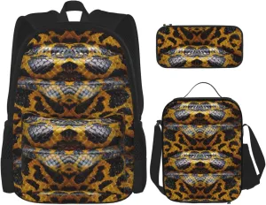 Yellow Snake Print Versatile Adjustable Shoulder Fashion Backpack Lunch Bag Pencil Case Large Capacity