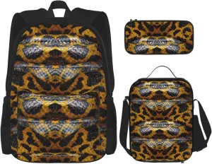 Yellow Snake Print Versatile Adjustable Shoulder Fashion Backpack Lunch Bag Pencil Case Large Capacity