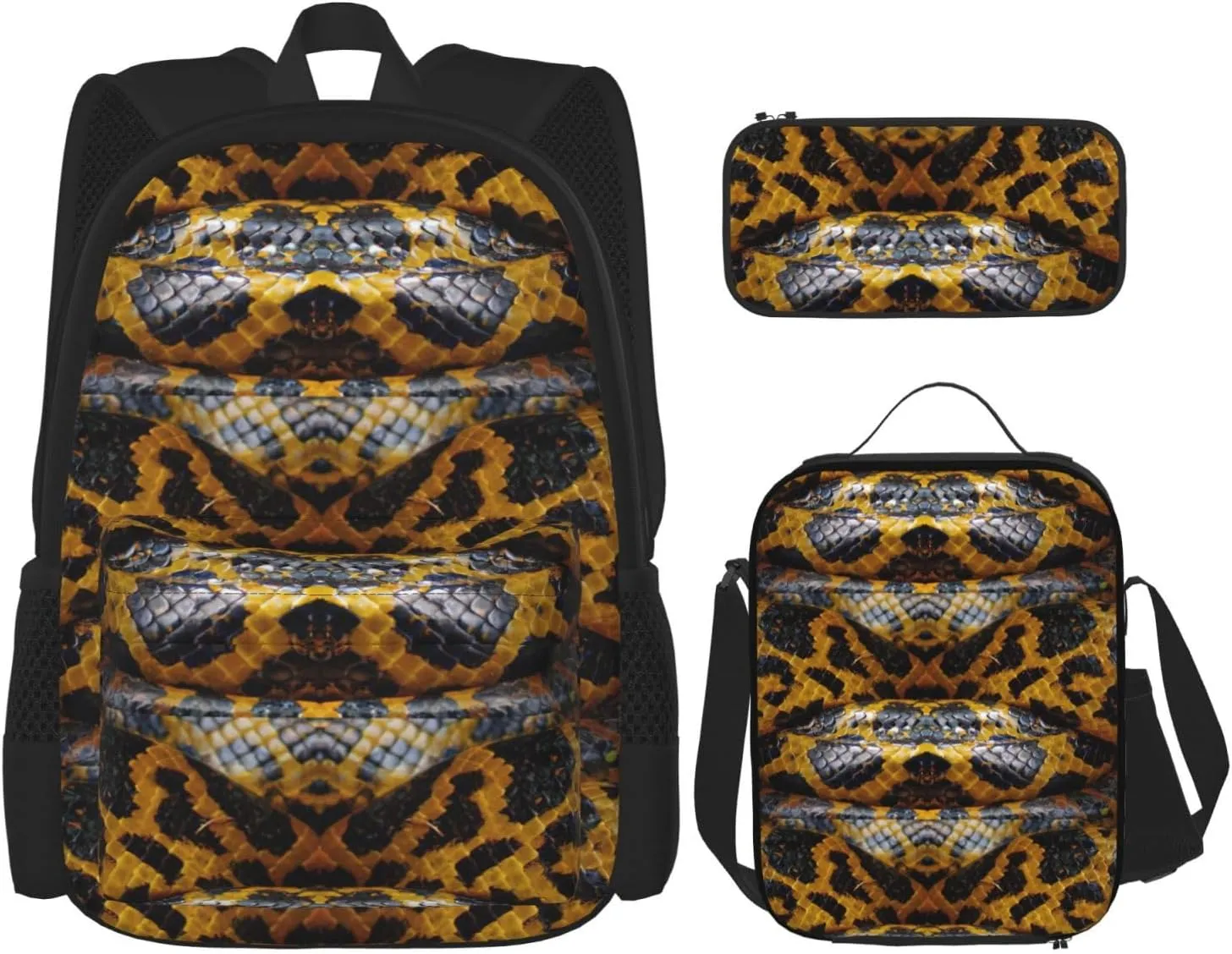 Yellow Snake Print Versatile Adjustable Shoulder Fashion Backpack Lunch Bag Pencil Case Large Capacity