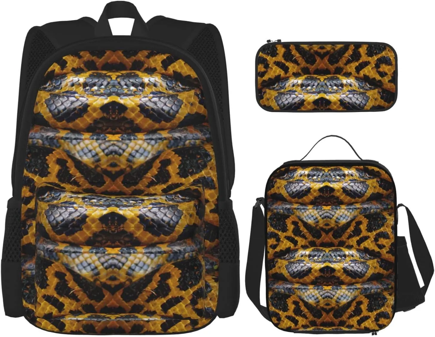 Yellow Snake Print Versatile Adjustable Shoulder Fashion Backpack Lunch Bag Pencil Case Large Capacity