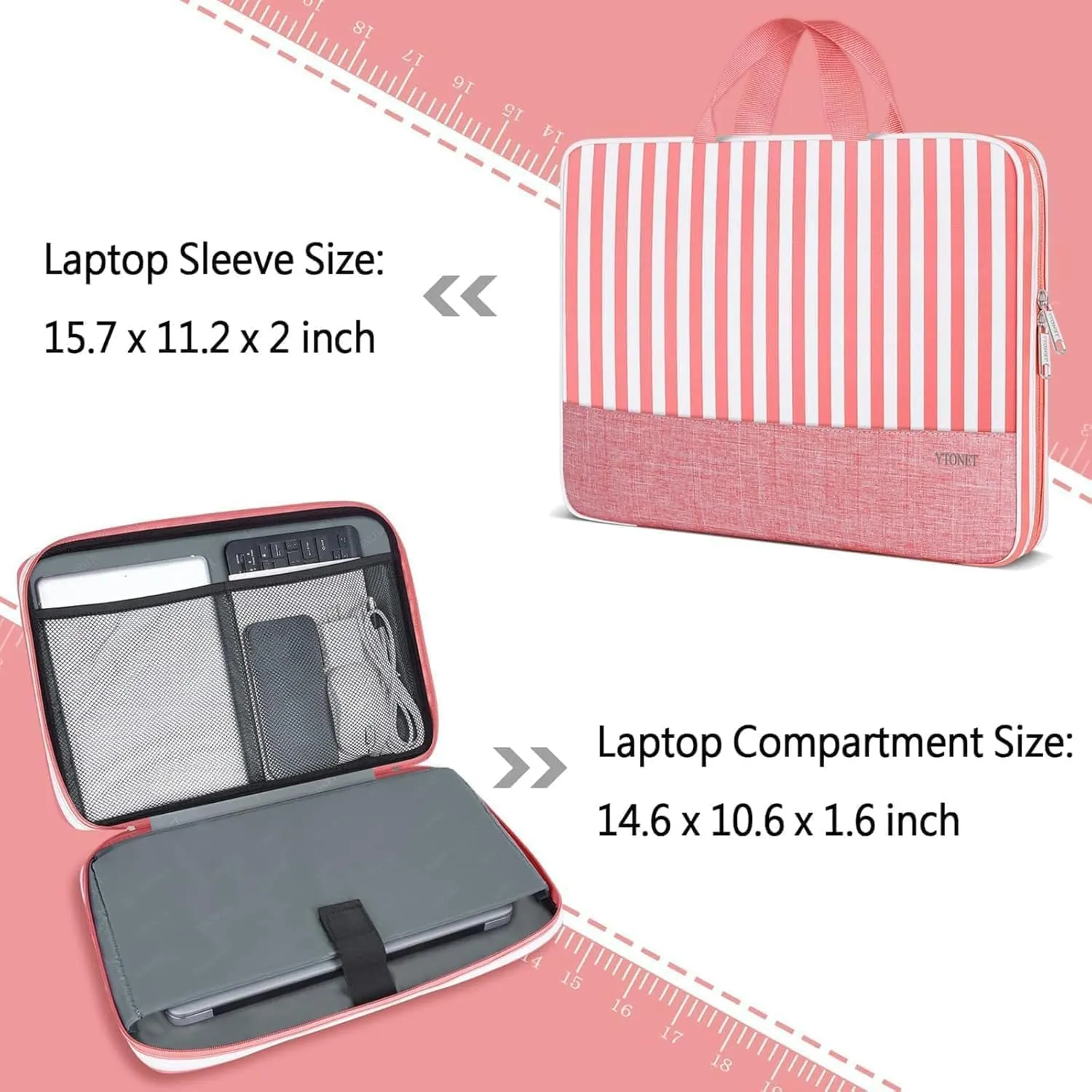 Ytonet Laptop Sleeve Case 15.6 inch Protective Laptop Cover with Handle TSA Water Resistant Computer Carrying Case Compatible with HP, Dell, Lenovo, Asus Notebook, Gift for Women, Pink Stripes