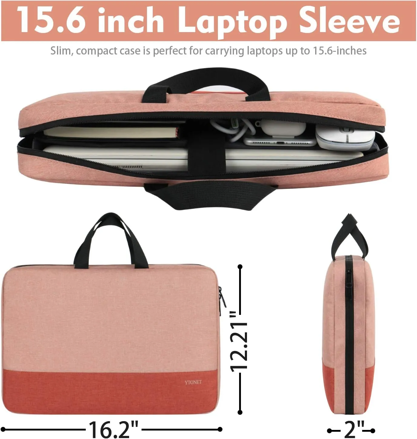 Ytonet Laptop Sleeve Case 15.6 Inch, Water Resistant Laptop Cover TSA Travel Business Computer Carrying Case with Handle, Compatible with HP Dell Lenovo Asus Notebooks, Gifts for Women, Coral Pink